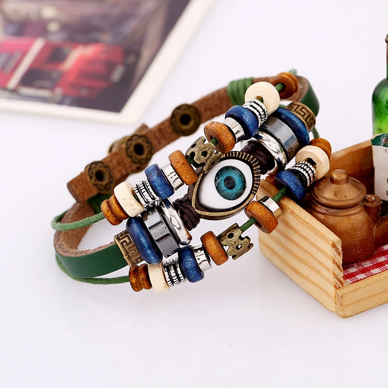 Wholesale Jewelry Beaded Eyes Leather Bracelet