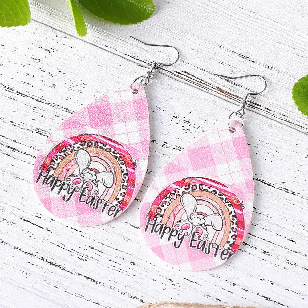 Wholesale Jewelry Easter Bunny Plaid PU Leather Earrings