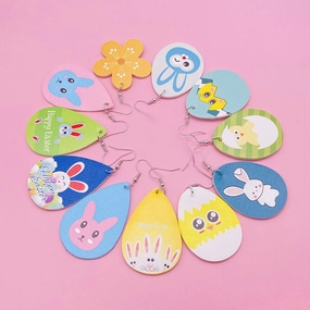 Wholesale Jewelry Easter Bunny Reversible Print Faux Leather Earrings