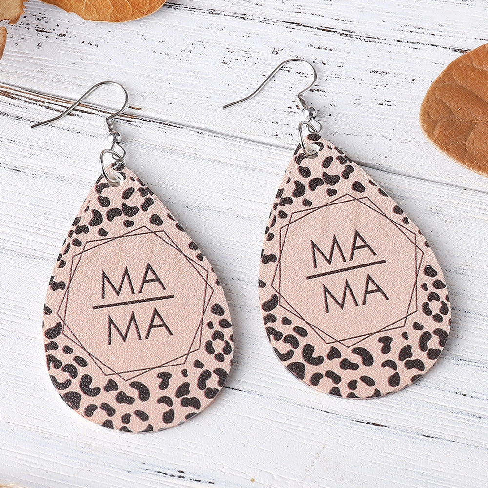 Wholesale Jewelry Mother's Day Leopard MAMA Letter PU Leather Earrings