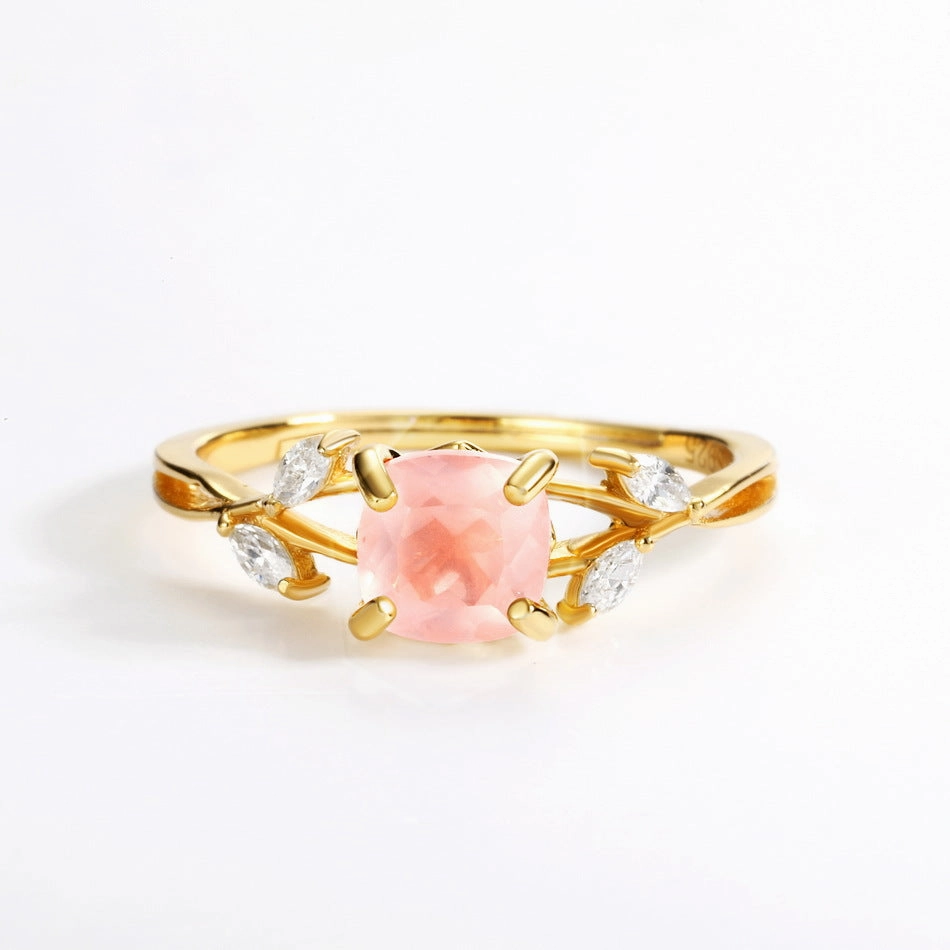 Wholesale Jewelry Natural Rose Quartz Leaves Silver Rings