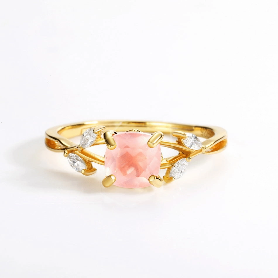 Wholesale Jewelry Natural Rose Quartz Leaves Silver Rings