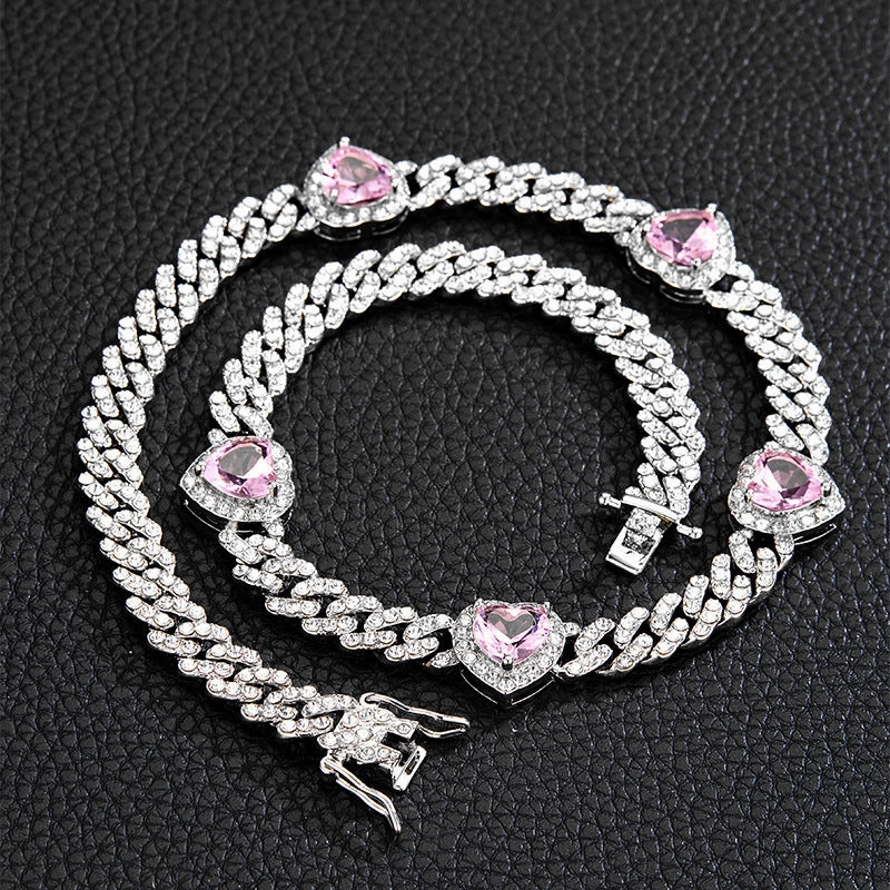 Wholesale Jewelry Necklaces Zircon Hip Hop Heart Cuban Chain OLY-NE-XD003