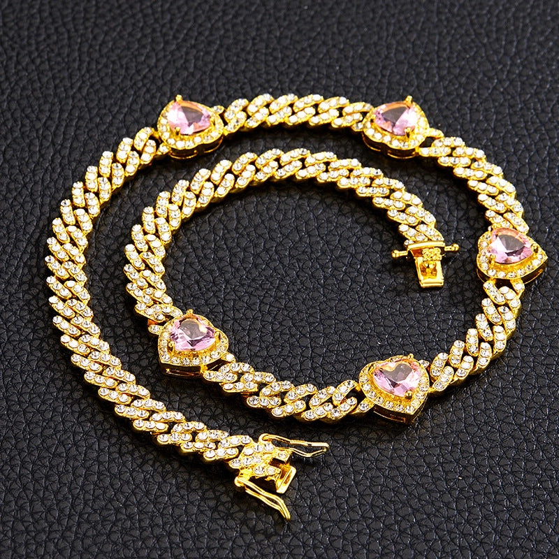Wholesale Jewelry Necklaces Zircon Hip Hop Heart Cuban Chain OLY-NE-XD003