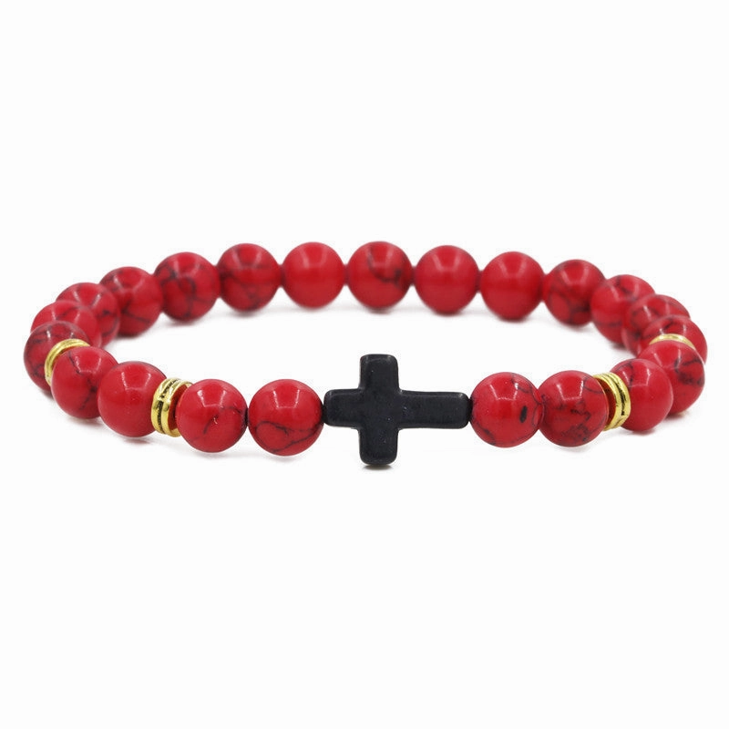 Wholesale Jewelry Red Turquoise Cross Alloy Volcanic Stone Bracelets