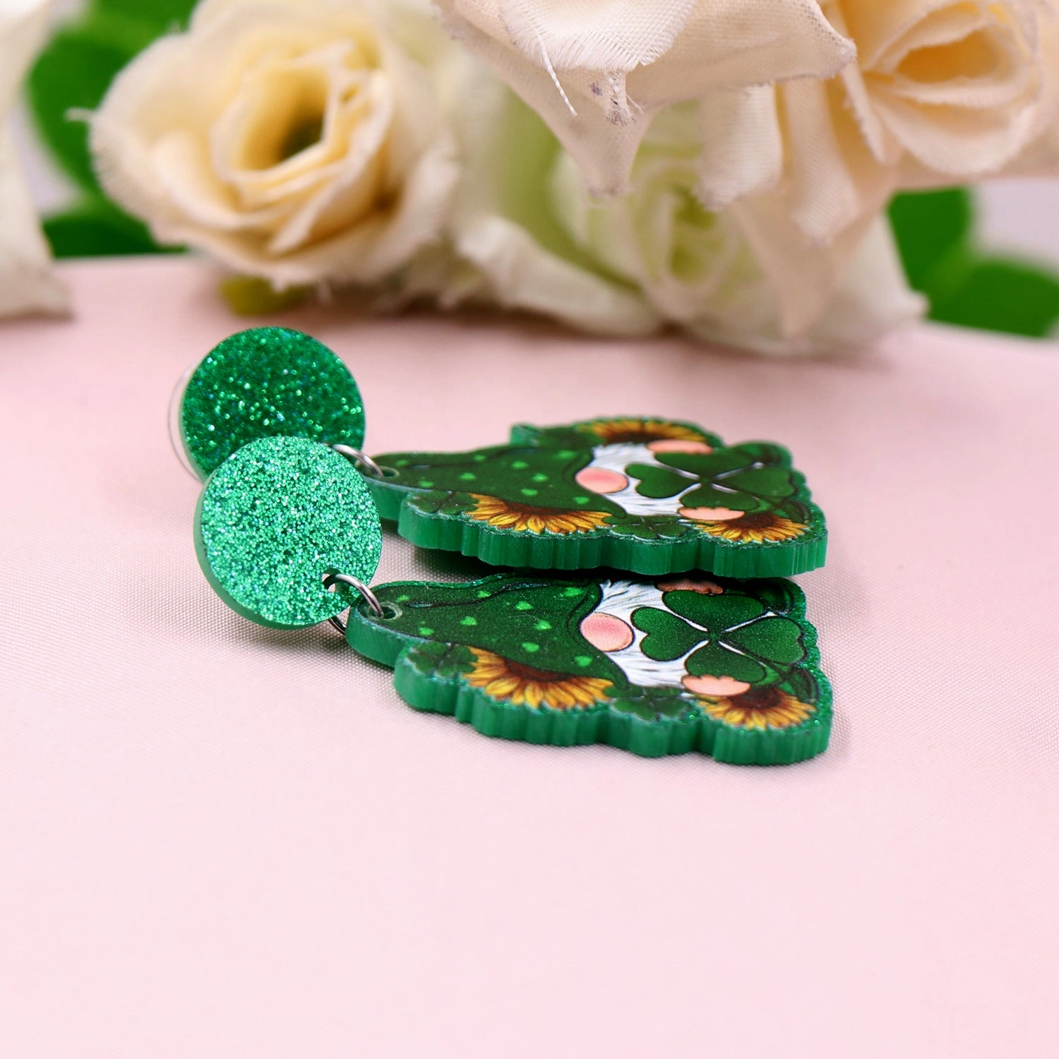 Wholesale Jewelry St. Parker's Day Sunflower Green Clover Acrylic Earrings