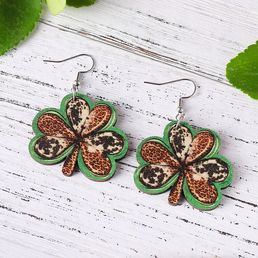 Wholesale Jewelry St. Patrick's Day Leopard Heart Wood Earrings
