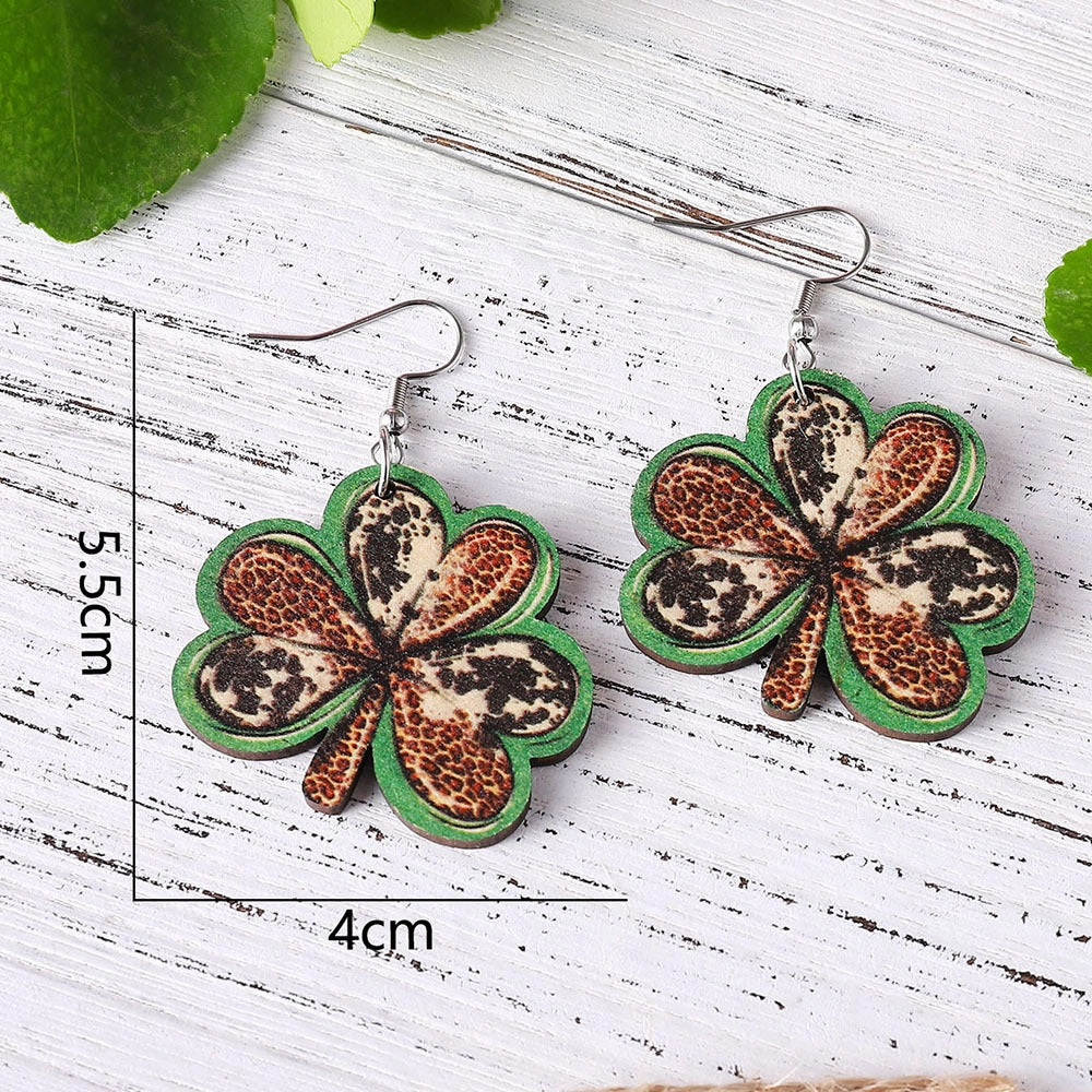 Wholesale Jewelry St. Patrick's Day Leopard Heart Wood Earrings