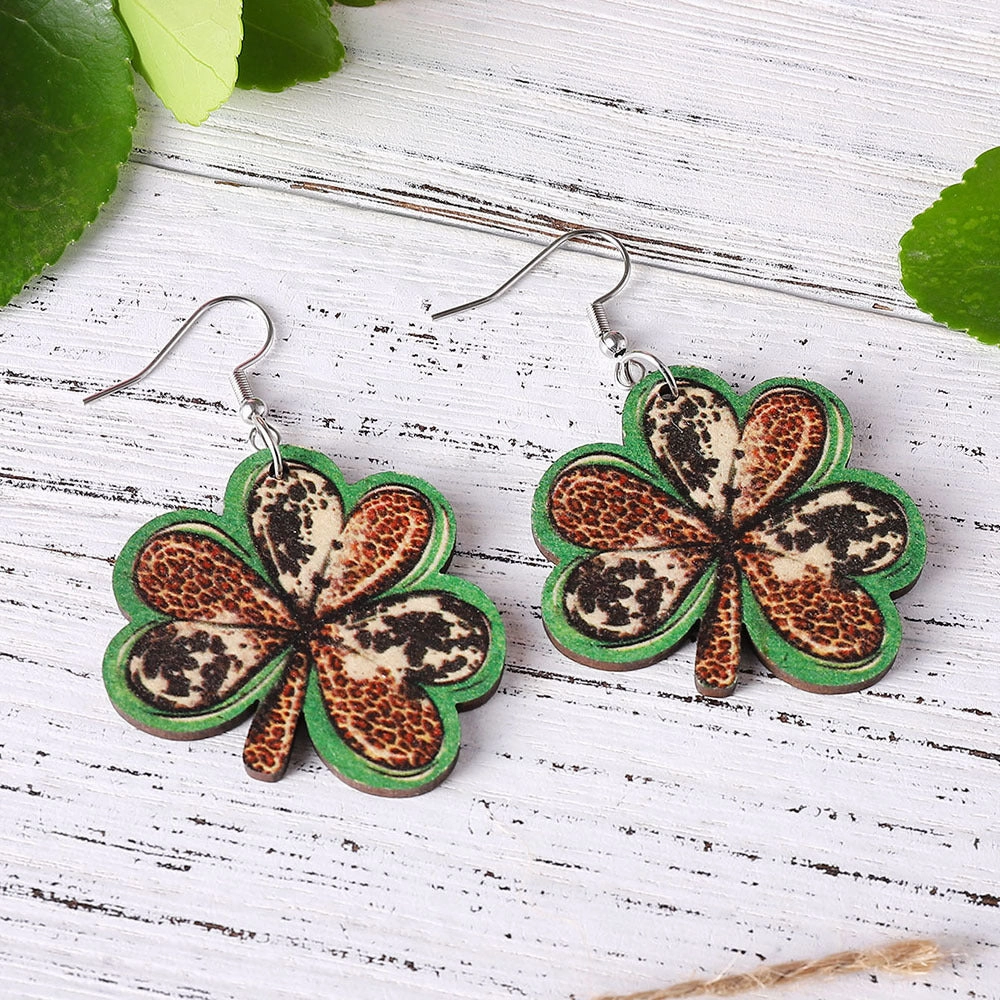 Wholesale Jewelry St. Patrick's Day Leopard Heart Wood Earrings