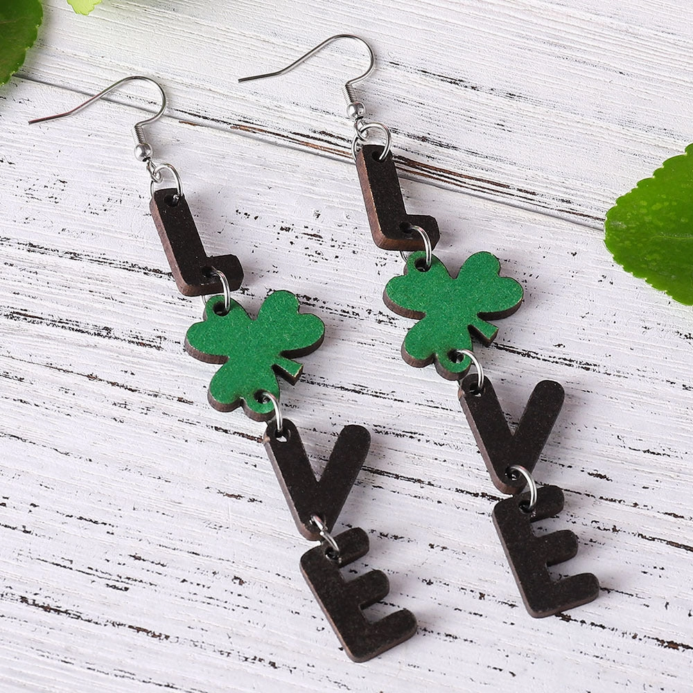 Wholesale Jewelry St. Patrick's Day Lucky Clover Wood Earrings