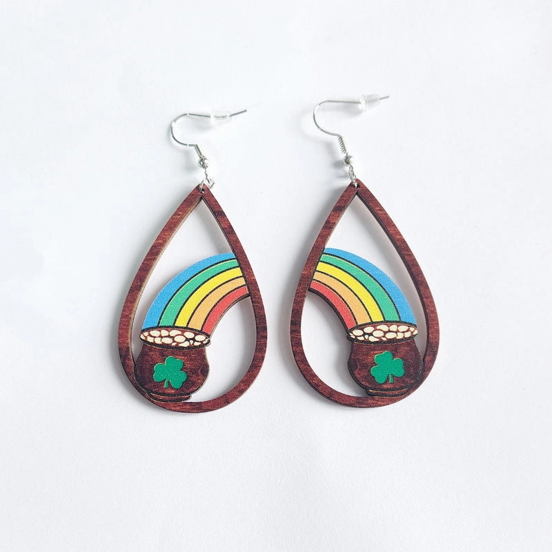 Wholesale Jewelry St. Patrick's Day Rainbow Wooden Earrings