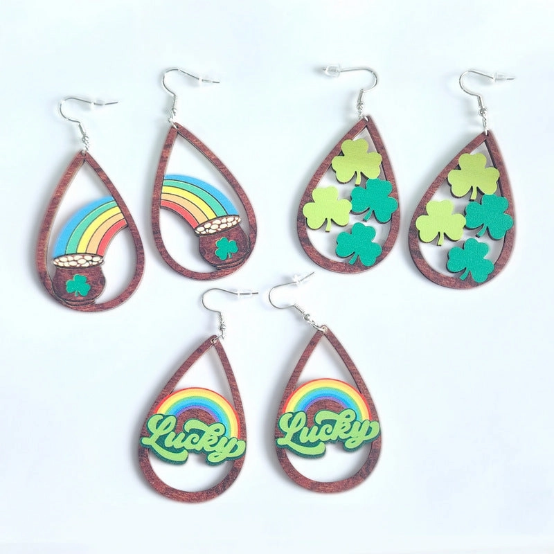 Wholesale Jewelry St. Patrick's Day Rainbow Wooden Earrings