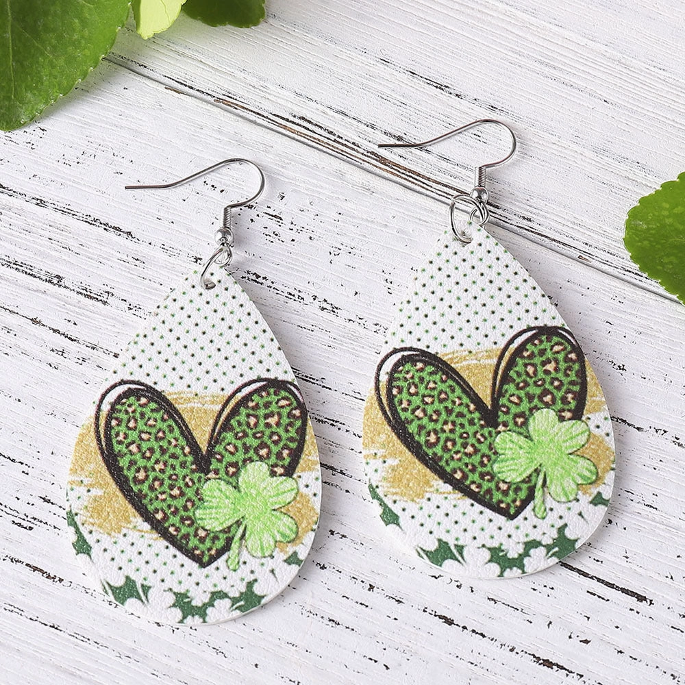 Wholesale Jewelry St. Patrick's Day Water Drops PU Leather Earrings