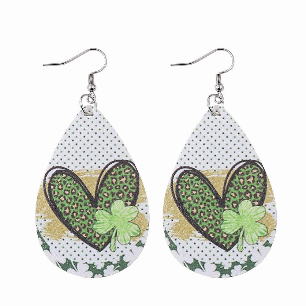 Wholesale Jewelry St. Patrick's Day Water Drops PU Leather Earrings