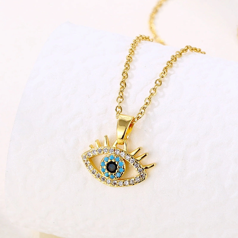 Wholesale Jewelry Stainless Steel Blue Eye Full Diamond Zircon Necklace