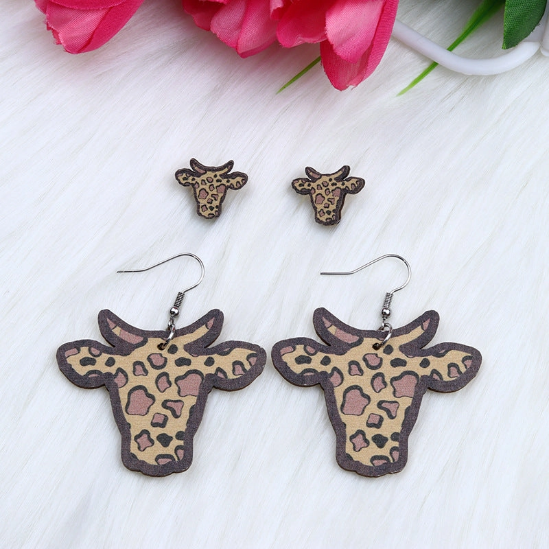Wholesale Large Bull Head Small Bull Head Wood Earrings