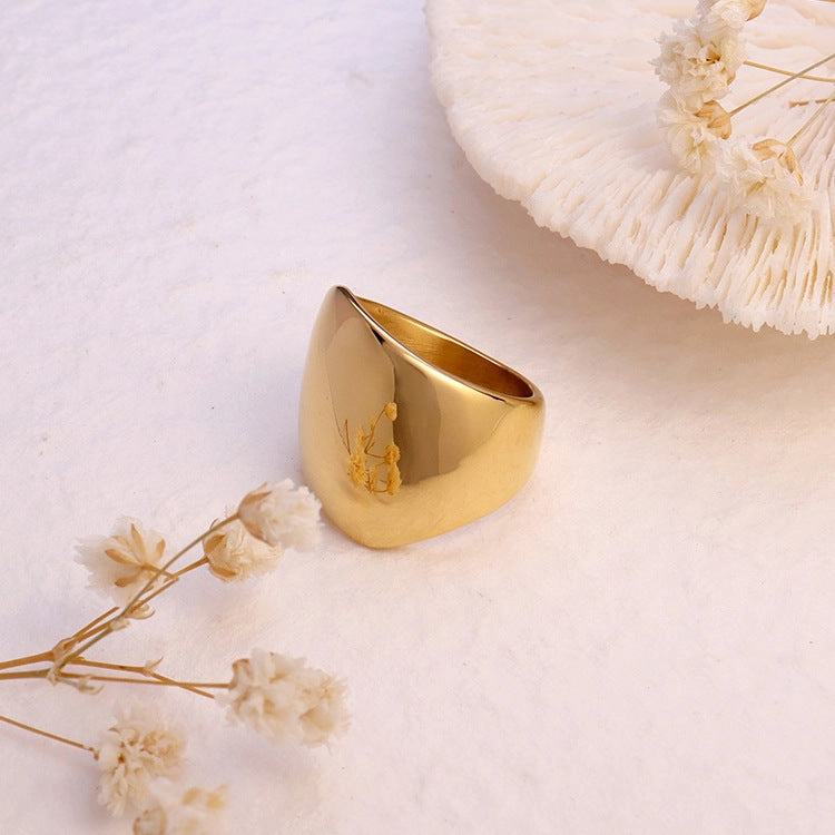 Wholesale Large Mirror Round Wide Smooth 18K Gold Plated Stainless Steel Ring