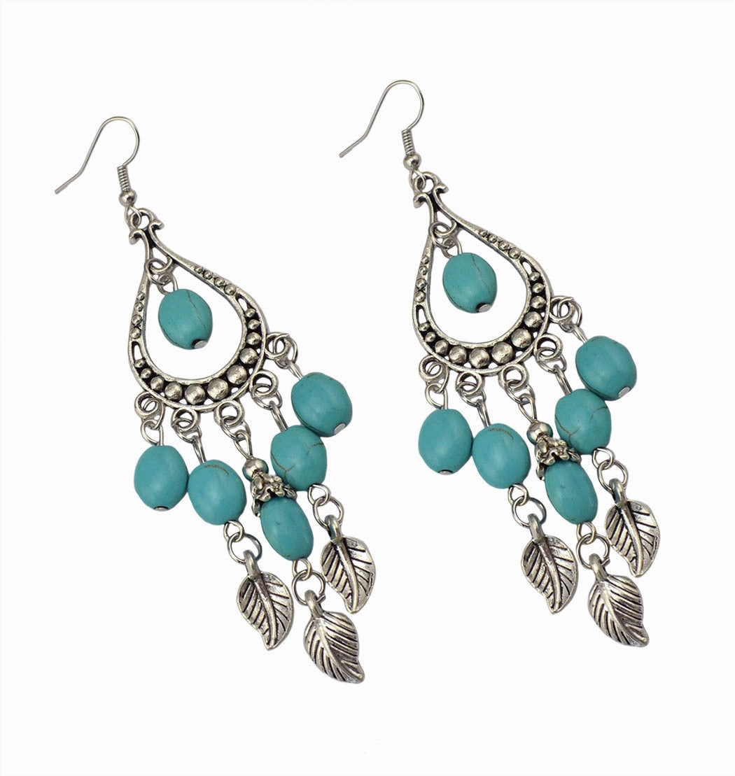 Wholesale Leaf Branch Tassel Turquoise Long Drop Shape Earrings