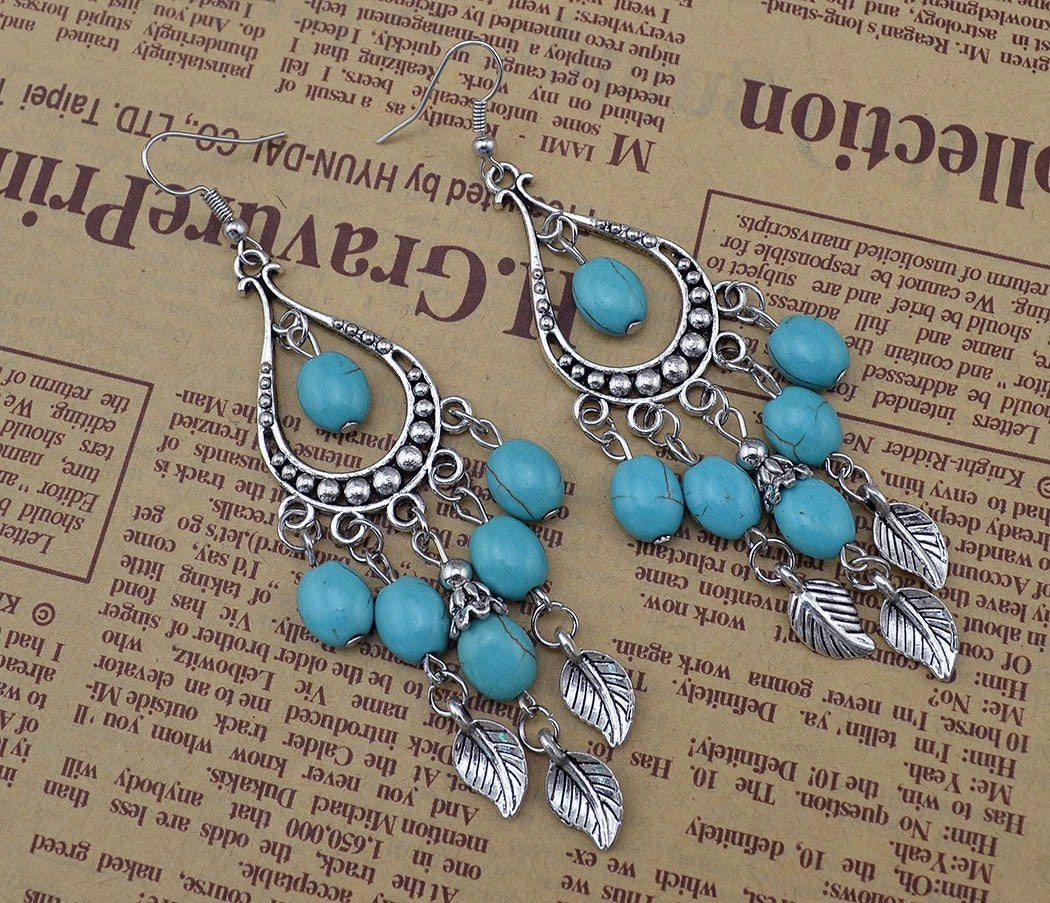 Wholesale Leaf Branch Tassel Turquoise Long Drop Shape Earrings