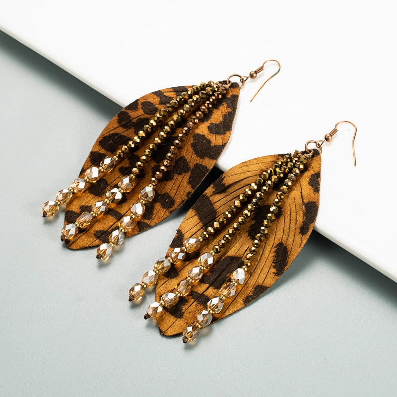 Wholesale Leaf Leopard Leather Crystal Tassel Earrings