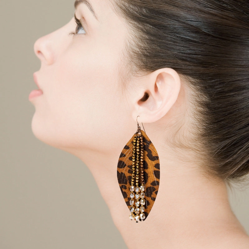 Wholesale Leaf Leopard Leather Crystal Tassel Earrings