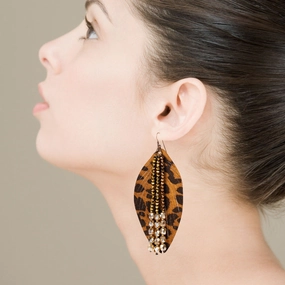 Wholesale Leaf Leopard Leather Crystal Tassel Earrings
