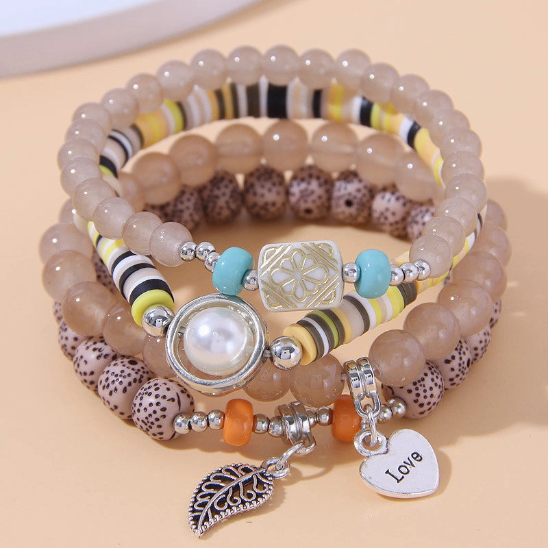 Wholesale Leaf Love Heart Pendant Alloy Multilayer Bracelet