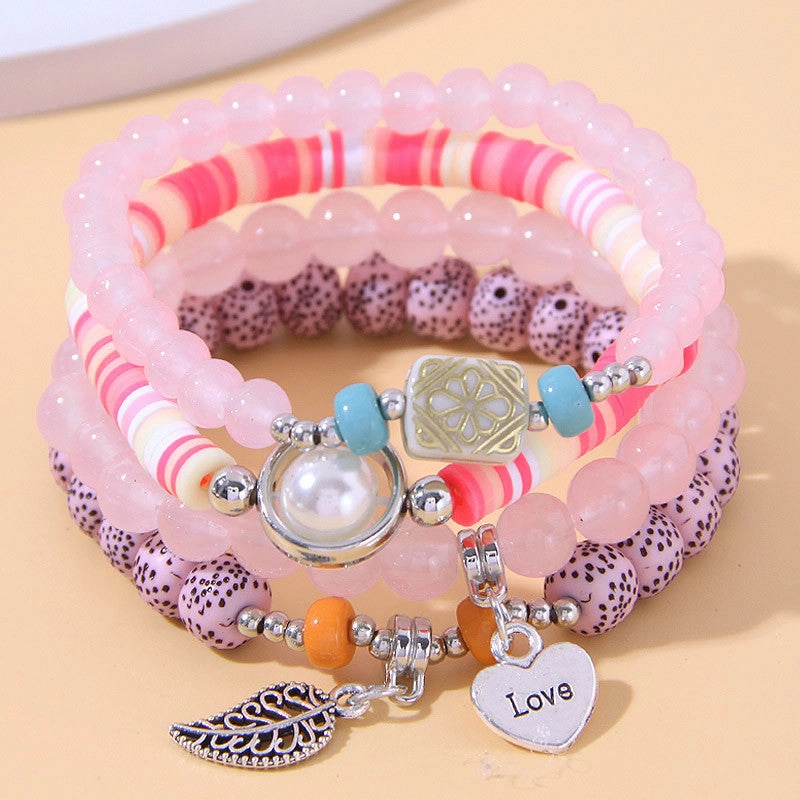 Wholesale Leaf Love Heart Pendant Alloy Multilayer Bracelet