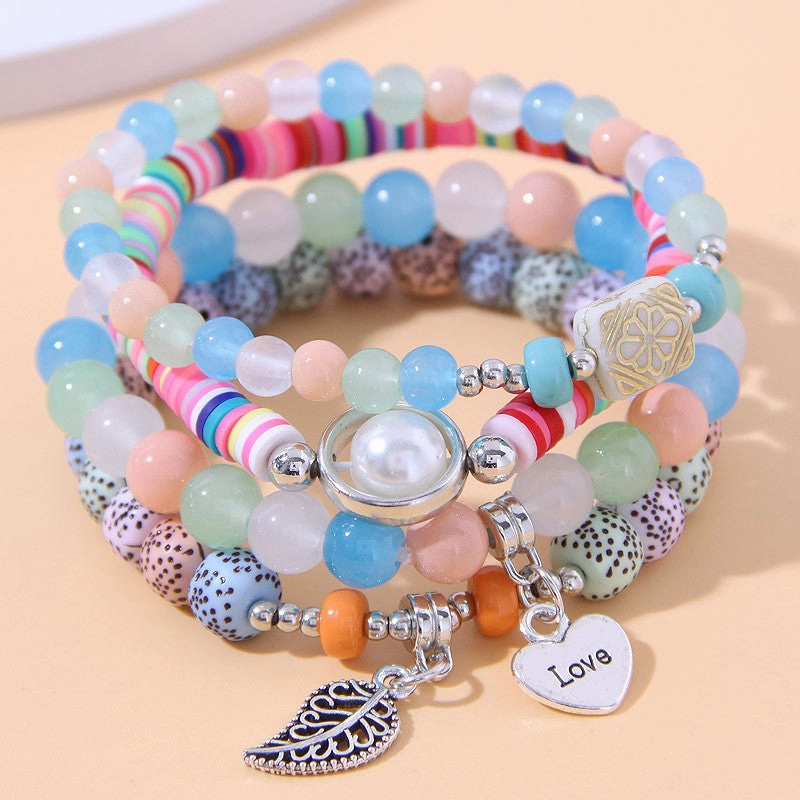 Wholesale Leaf Love Heart Pendant Alloy Multilayer Bracelet