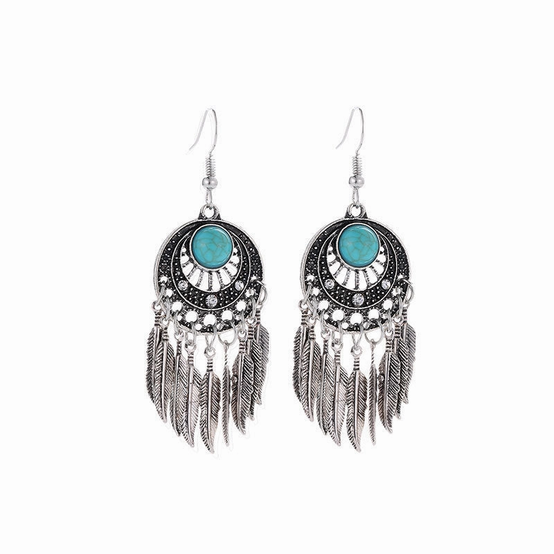 Wholesale Leaf Metal Dream Catcher Feather Tassel Alloy Earrings