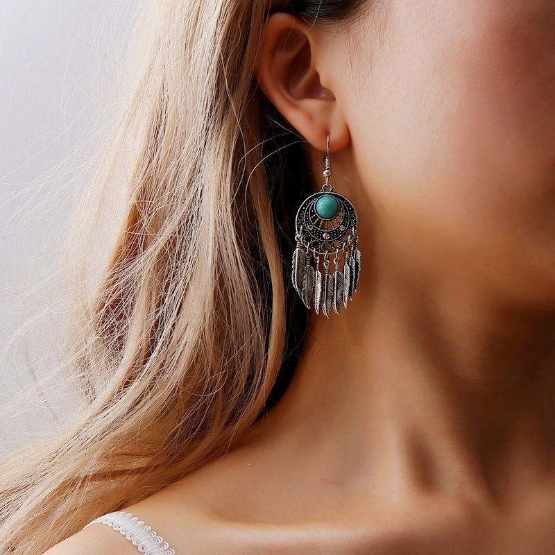 Wholesale Leaf Metal Dream Catcher Feather Tassel Alloy Earrings