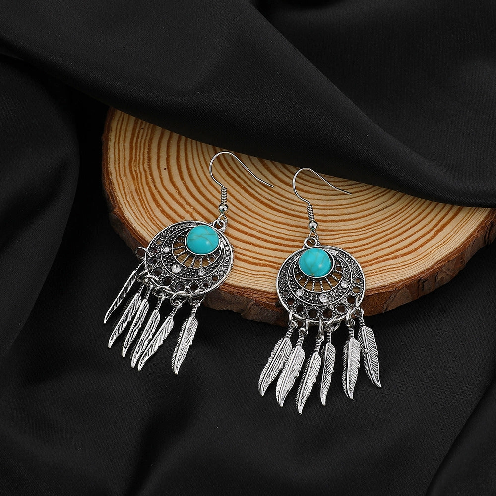 Wholesale Leaf Metal Dream Catcher Feather Tassel Alloy Earrings