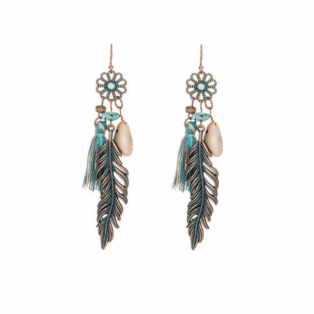 Wholesale Leaf Pendant Hollow Carved Alloy Tassel Earrings