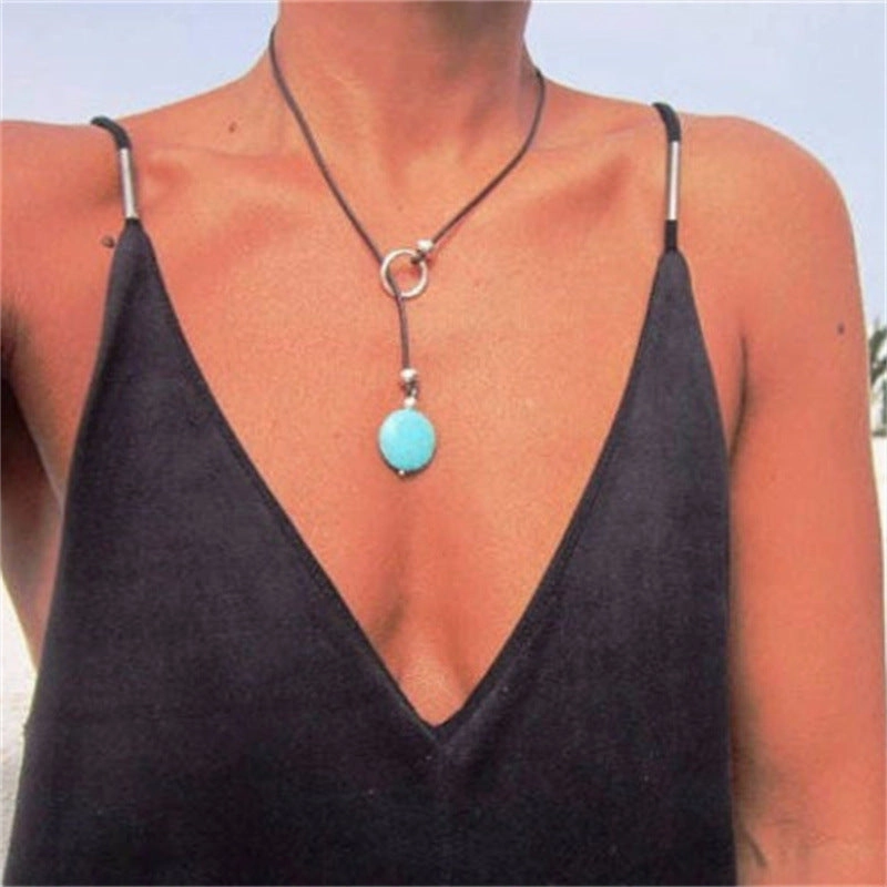 Wholesale Leather Hollowed Out Flower Turquoise Necklaces