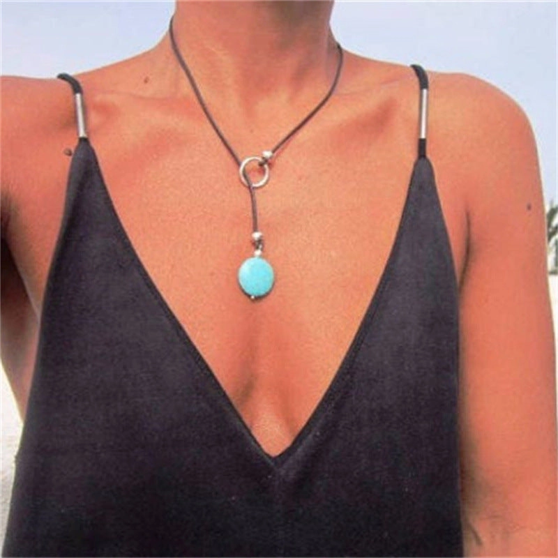 Wholesale Leather Hollowed Out Flower Turquoise Necklaces