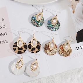Wholesale Leather Inlaid Round Vintage Abalone Earrings