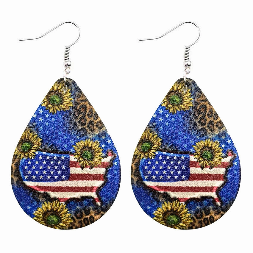 Wholesale Leather Leopard Sunflower Pygmy Cactus Flag Earrings