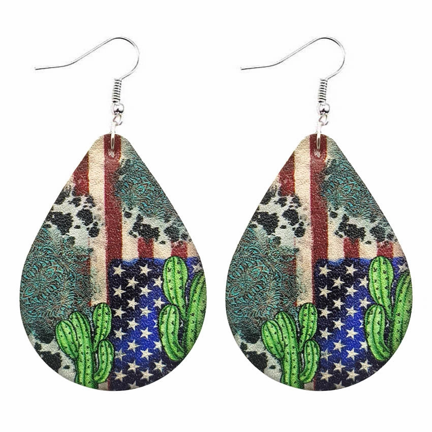 Wholesale Leather Leopard Sunflower Pygmy Cactus Flag Earrings