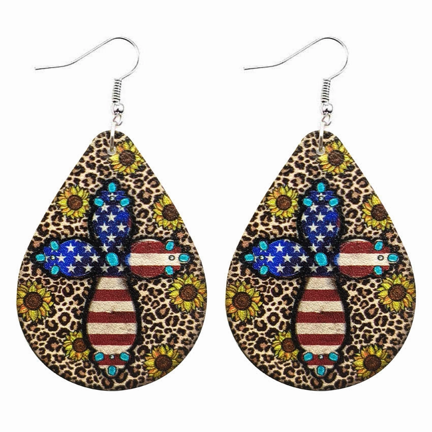 Wholesale Leather Leopard Sunflower Pygmy Cactus Flag Earrings