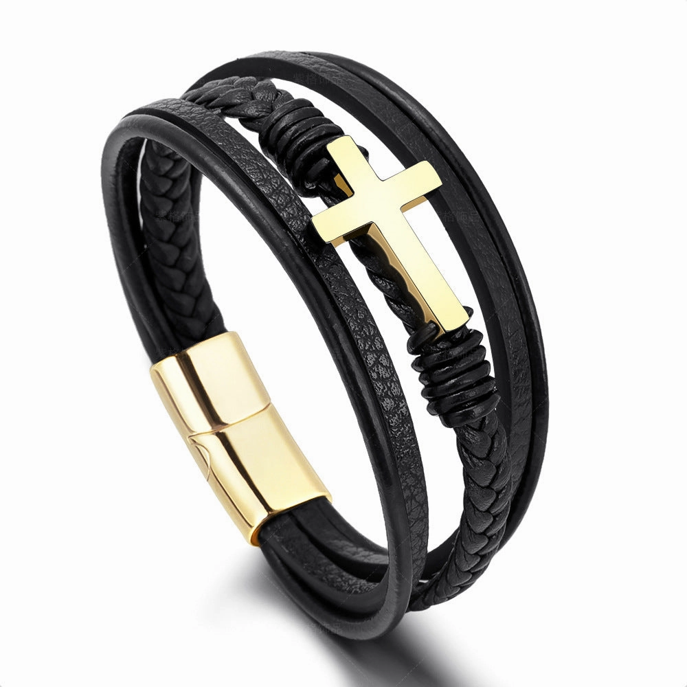 Wholesale Leather Magnetic Cross Stainless Steel Bracelet