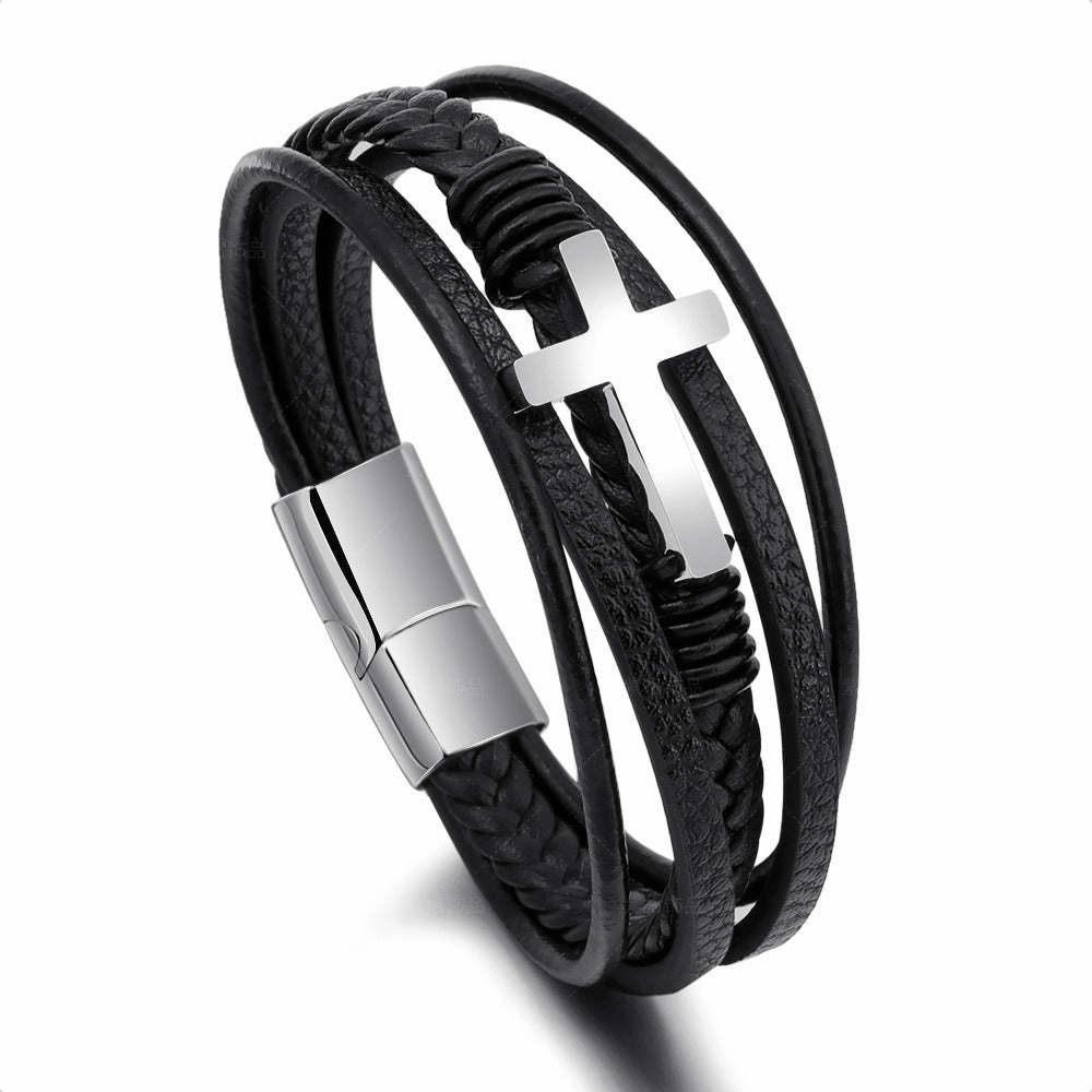 Wholesale Leather Magnetic Cross Stainless Steel Bracelet