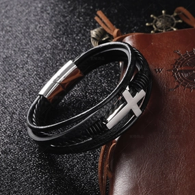 Wholesale Leather Magnetic Cross Stainless Steel Bracelet