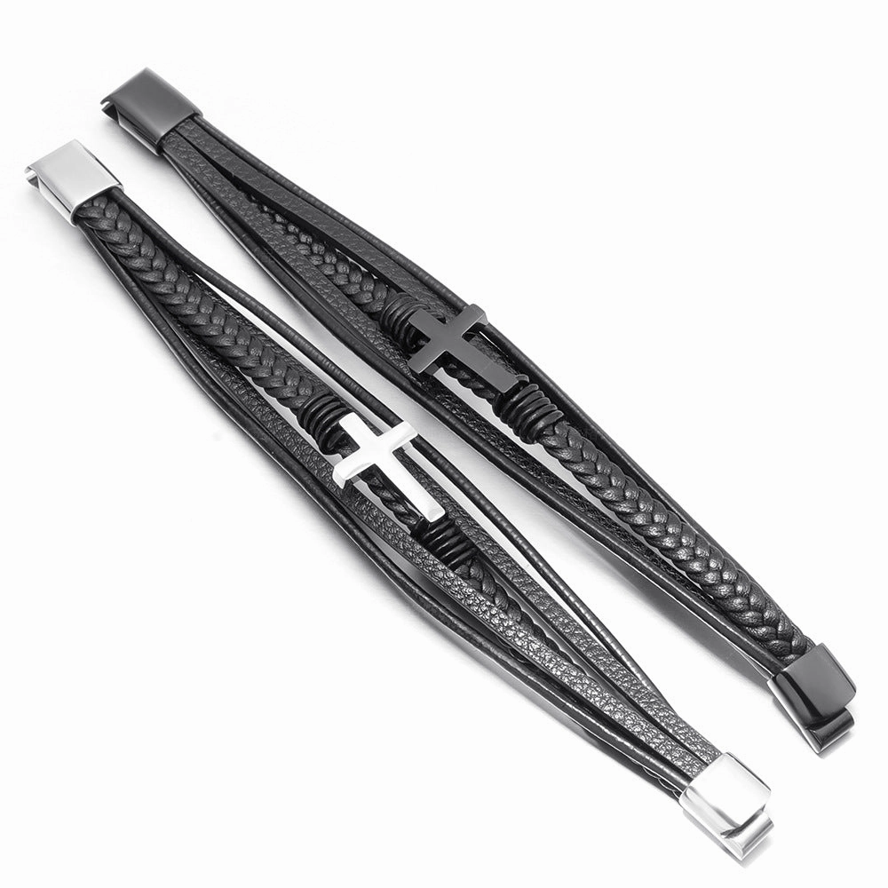 Wholesale Leather Magnetic Cross Stainless Steel Bracelet