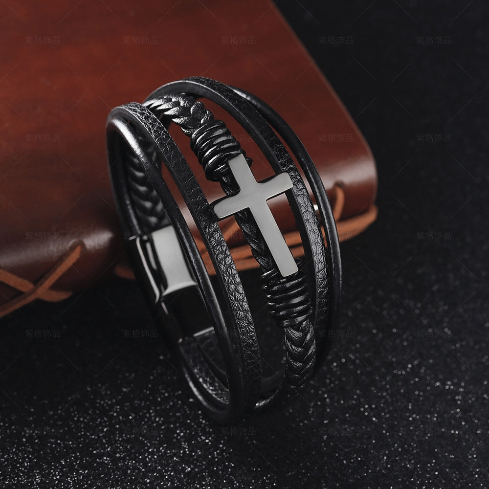 Wholesale Leather Magnetic Cross Stainless Steel Bracelet