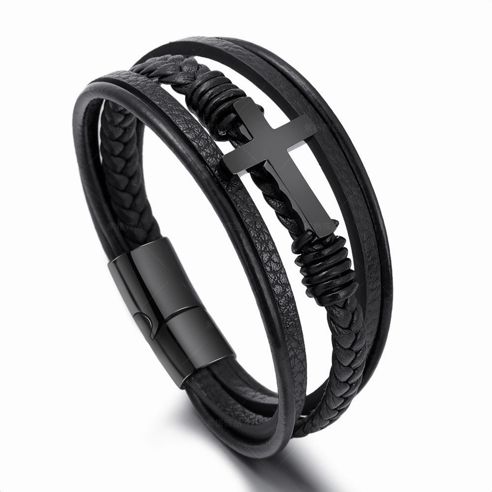 Wholesale Leather Magnetic Cross Stainless Steel Bracelet