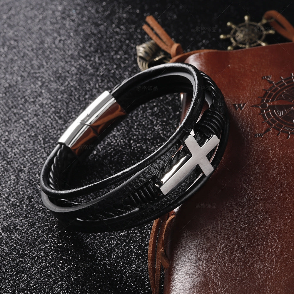 Wholesale Leather Magnetic Cross Stainless Steel Bracelet