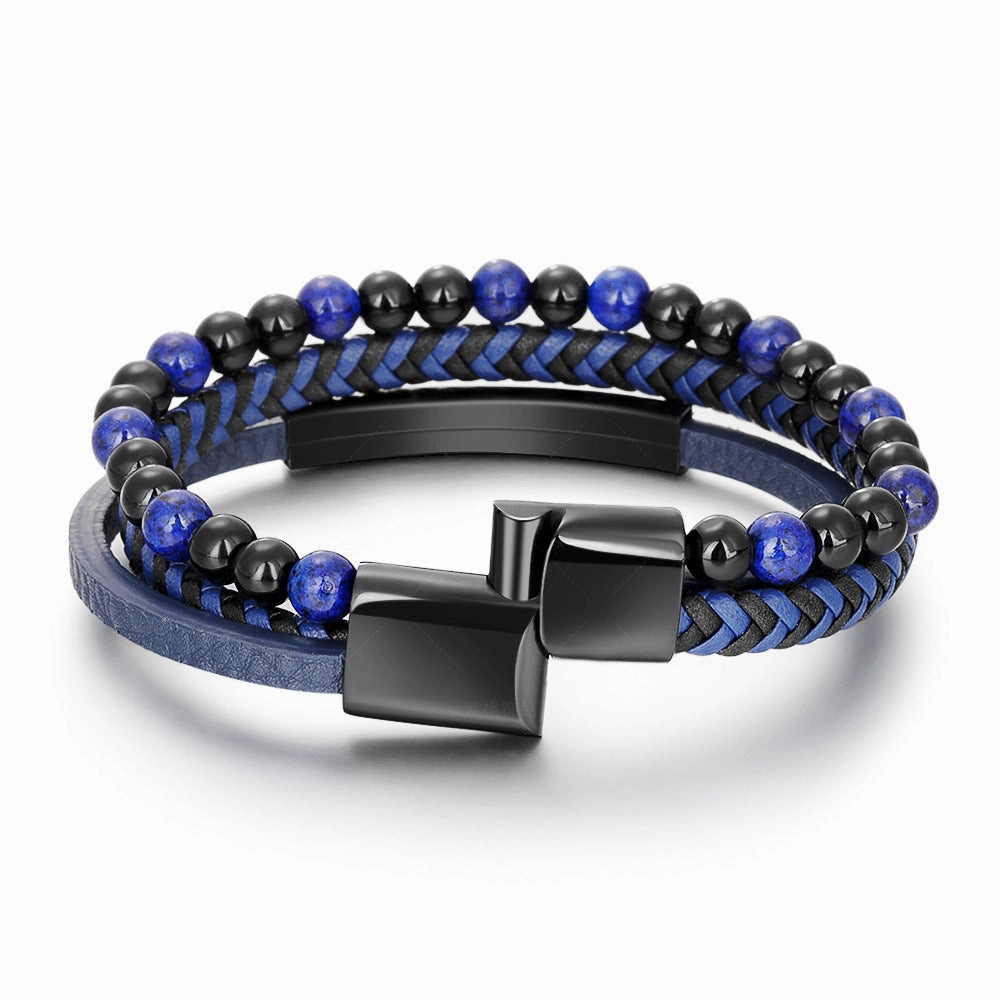 Wholesale Leather Rope Natural Stone Stainless Steel Men Bracelet