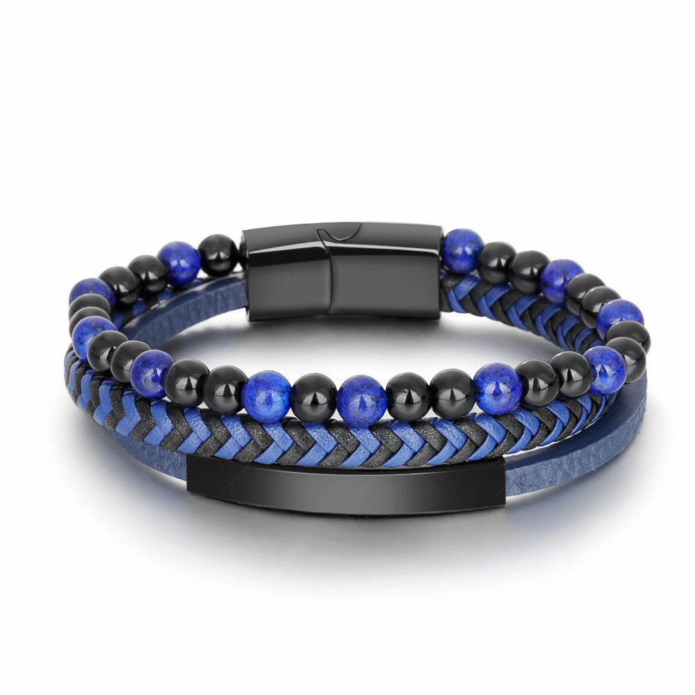 Wholesale Leather Rope Natural Stone Stainless Steel Men Bracelet