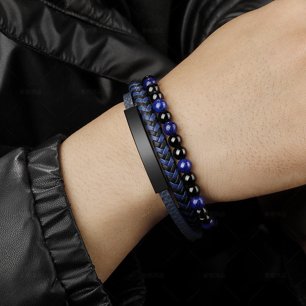 Wholesale Leather Rope Natural Stone Stainless Steel Men Bracelet