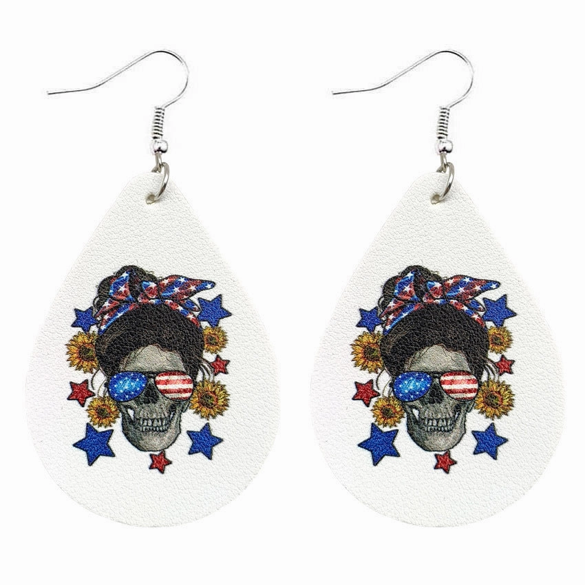 Wholesale Leather Sunflower Pentagon Skull Girl Head Pattern Water Drop Earrings